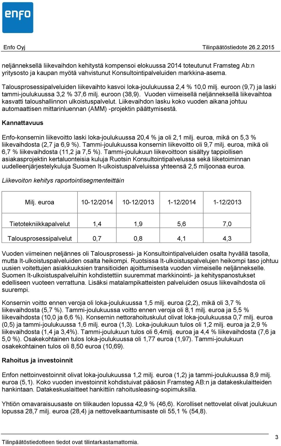 Vuoden viimeisellä neljänneksellä liikevaihtoa kasvatti taloushallinnon ulkoistuspalvelut. Liikevaihdon lasku koko vuoden aikana johtuu automaattisen mittarinluennan (AMM) -projektin päättymisestä.