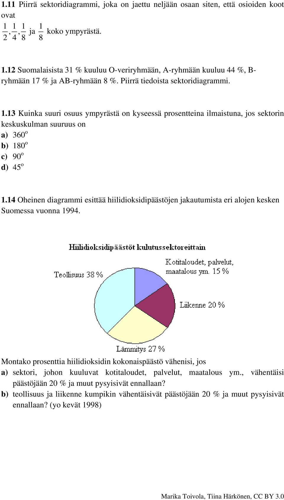 % ja AB-ryhmään 8 %. Piirrä tiedoista sektoridiagrammi. 1.13 Kuinka suuri osuus ympyrästä on kyseessä prosentteina ilmaistuna, jos sektorin keskuskulman suuruus on a) 360 o b) 180 o c) 90 o d) 45 o 1.