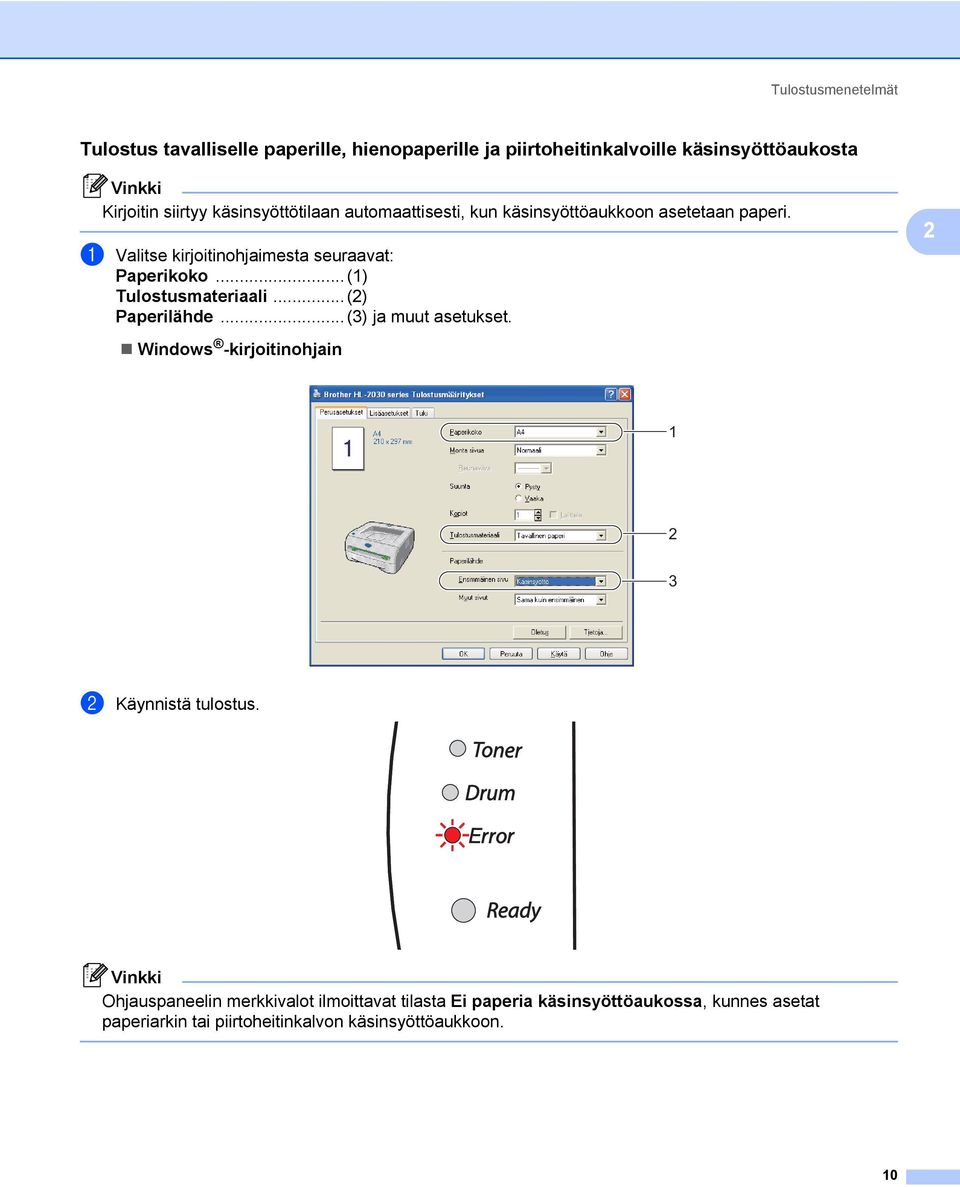 ..(1) Tulostusmateriaali...(2) Paperilähde...(3) ja muut asetukset. Windows -kirjoitinohjain 2 1 2 3 b Käynnistä tulostus.