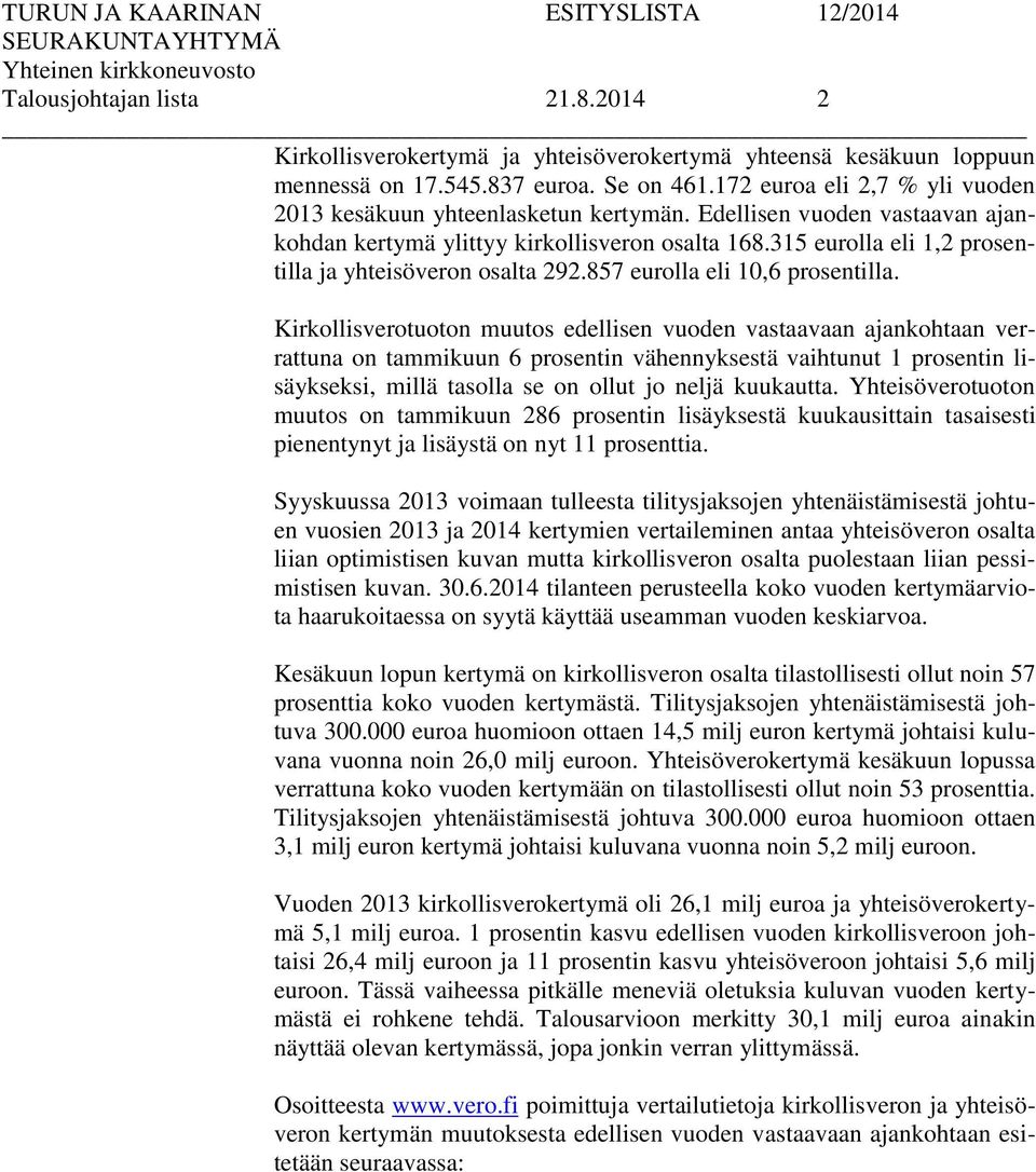 315 eurolla eli 1,2 prosentilla ja yhteisöveron osalta 292.857 eurolla eli 10,6 prosentilla.
