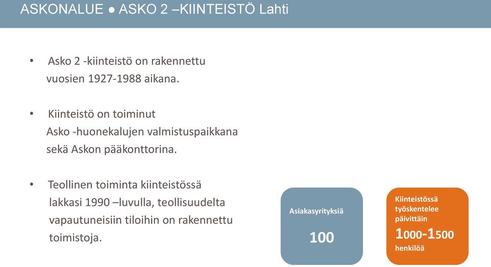 Teollinen toiminta kiinteistössä lakkasi 1990 luvulla, teollisuudelta vapautuneisiin tiloihin on