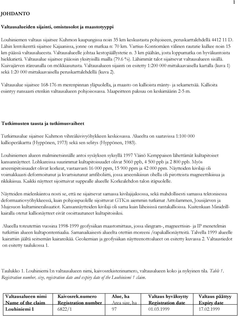 3 km päähän, josta loppumatka on hyväkuntoista hiekkatietä. Valtausalue sijaitsee pääosin yksityisillä mailla (79.6 %). Lähimmät talot sijaitsevat valtausalueen sisällä.