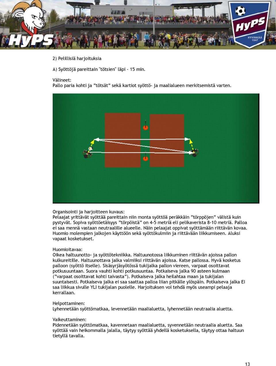 Sopiva syöttöetäisyys törpöistä on 4-5 metriä eli pelikaverista 8-10 metriä. Palloa ei saa mennä vastaan neutraalille alueelle. Näin pelaajat oppivat syöttämään riittävän kovaa.