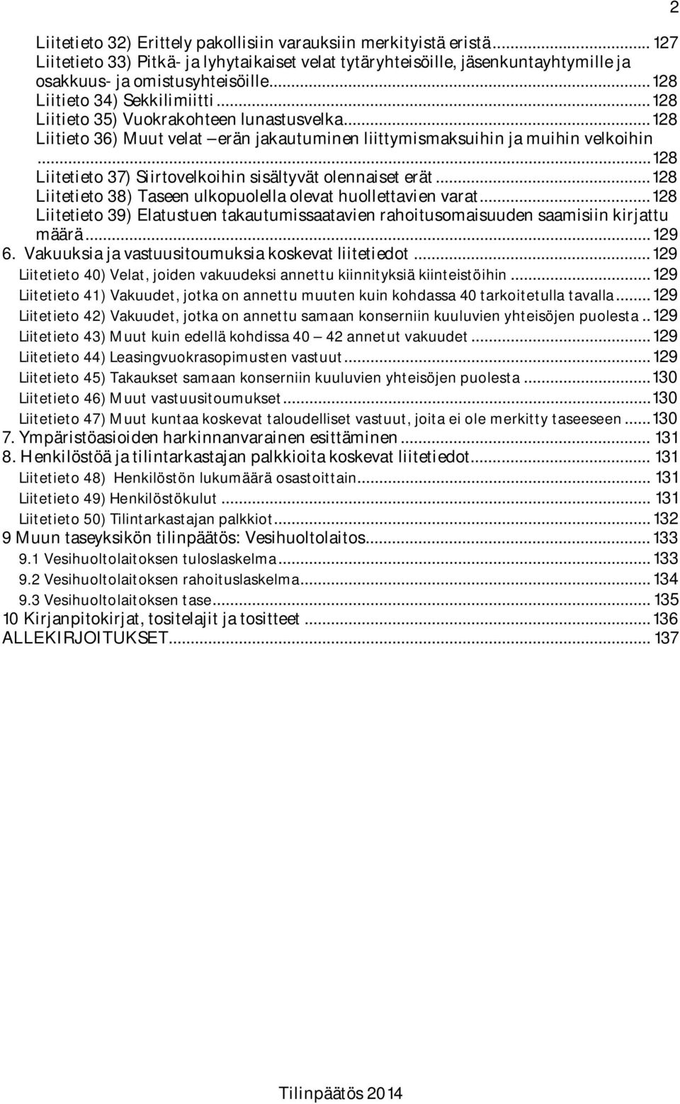 .. 128 Liitetieto 37) Siirtovelkoihin sisältyvät olennaiset erät... 128 Liitetieto 38) Taseen ulkopuolella olevat huollettavien varat.