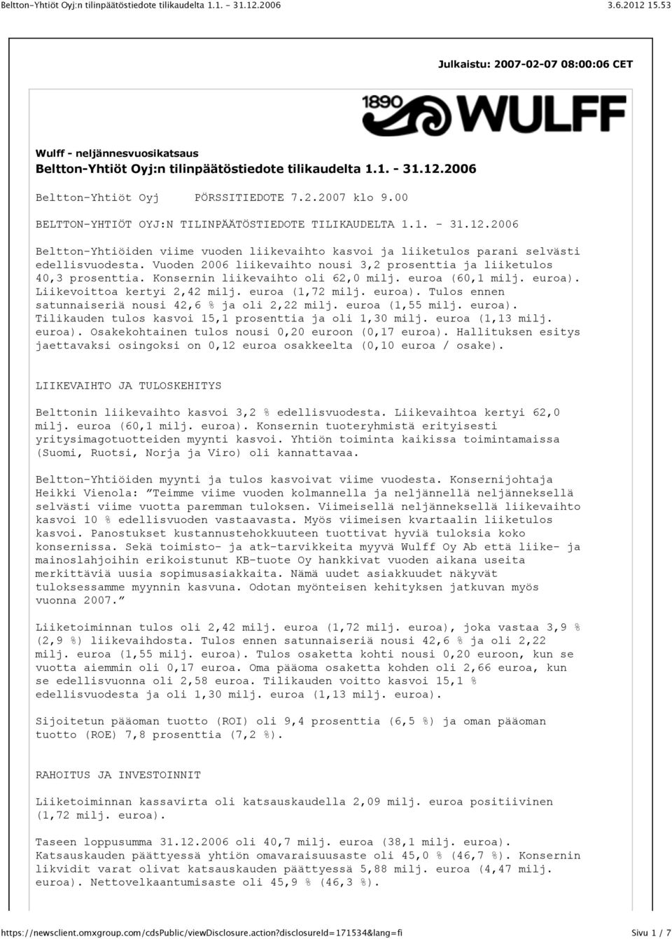 Vuoden 2006 liikevaihto nousi 3,2 prosenttia ja liiketulos 40,3 prosenttia. Konsernin liikevaihto oli 62,0 milj. euroa (60,1 milj. euroa). Liikevoittoa kertyi 2,42 milj. euroa (1,72 milj. euroa). Tulos ennen satunnaiseriä nousi 42,6 % ja oli 2,22 milj.