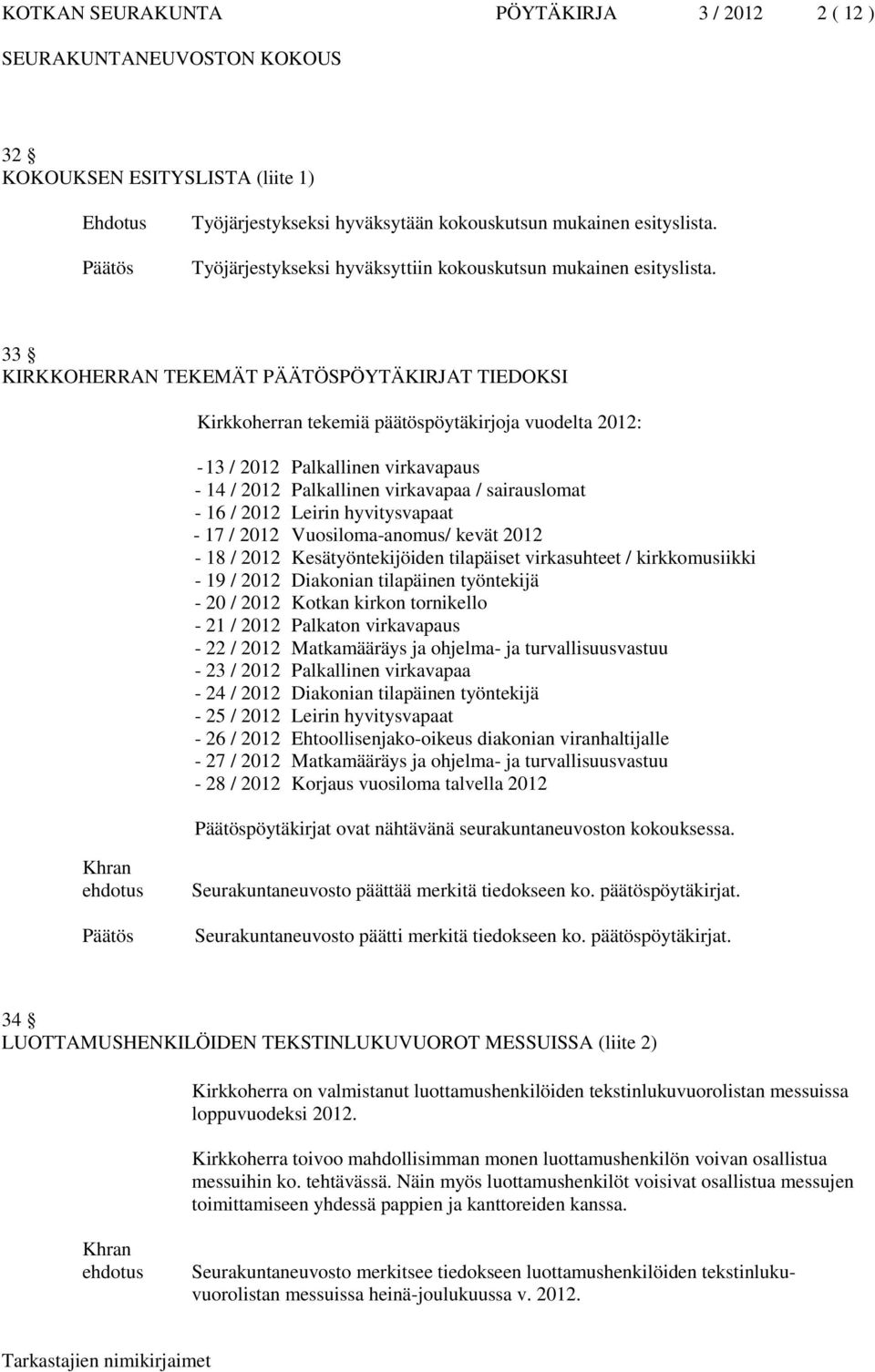 33 KIRKKOHERRAN TEKEMÄT PÄÄTÖSPÖYTÄKIRJAT TIEDOKSI Kirkkoherran tekemiä päätöspöytäkirjoja vuodelta 2012: - 13 / 2012 Palkallinen virkavapaus - 14 / 2012 Palkallinen virkavapaa / sairauslomat - 16 /