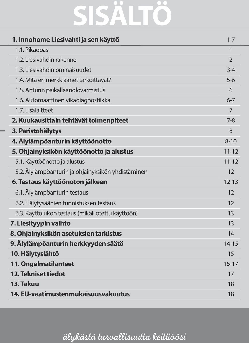 Ohjainyksikön käyttöönotto ja alustus 11-12 5.1. Käyttöönotto ja alustus 11-12 5.2. Älylämpöanturin ja ohjainyksikön yhdistäminen 12 6. Testaus käyttöönoton jälkeen 12-13 6.1. Älylämpöanturin testaus 12 6.