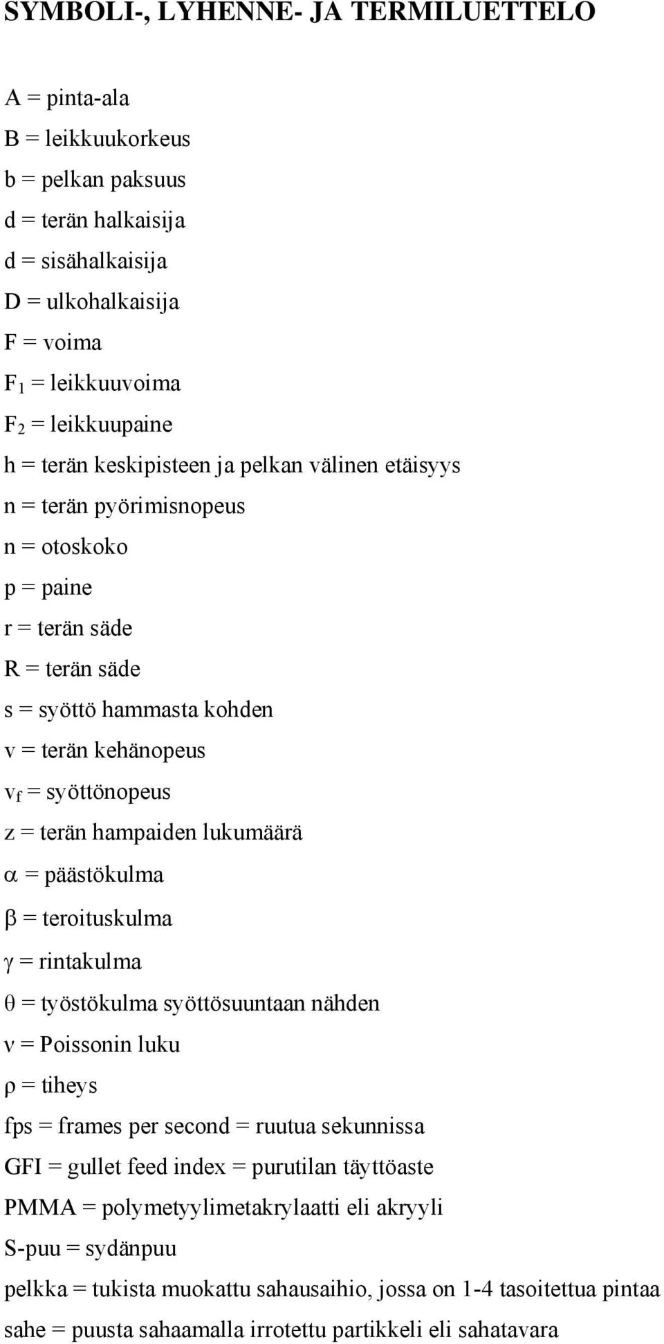 terän hampaiden lukumäärä α = päästökulma β = teroituskulma γ = rintakulma θ = työstökulma syöttösuuntaan nähden ν = Poissonin luku ρ = tiheys fps = frames per second = ruutua sekunnissa GFI = gullet