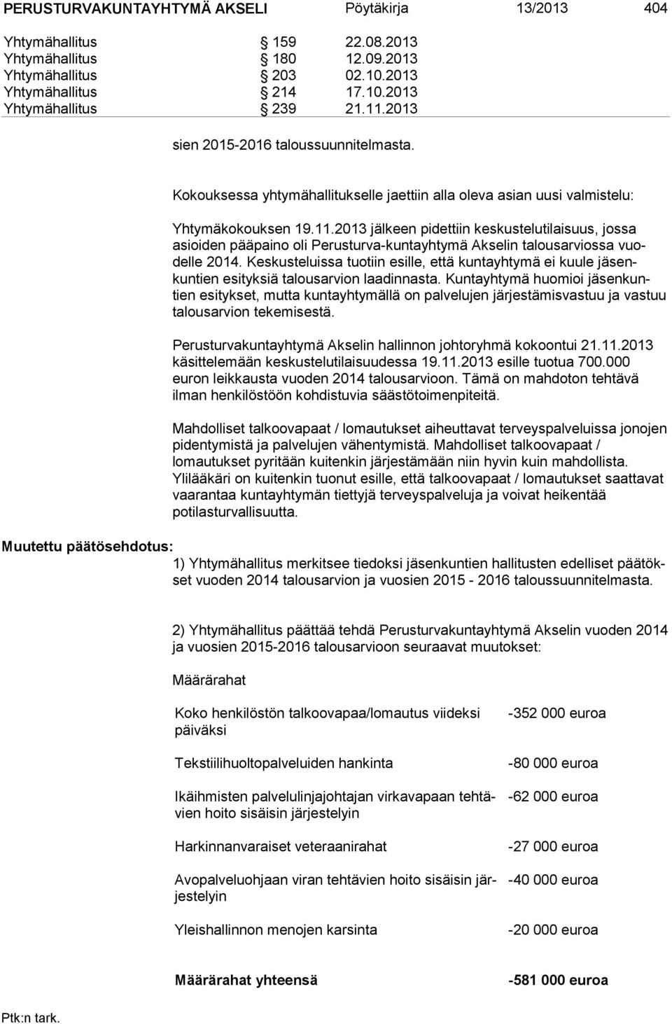 2013 jälkeen pidettiin keskustelutilaisuus, jossa asioiden pääpaino oli Perusturva-kuntayhtymä Akselin talous arviossa vuodelle 2014.