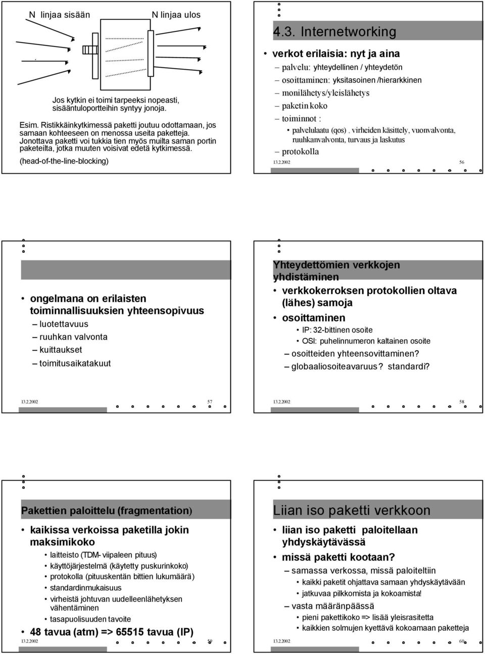 (head-of-the-line-blocking) N linjaa ulos Jos kytkin ei toimi tarpeeksi nopeasti, sisääntuloportteihin syntyy jonoja. 4.3.