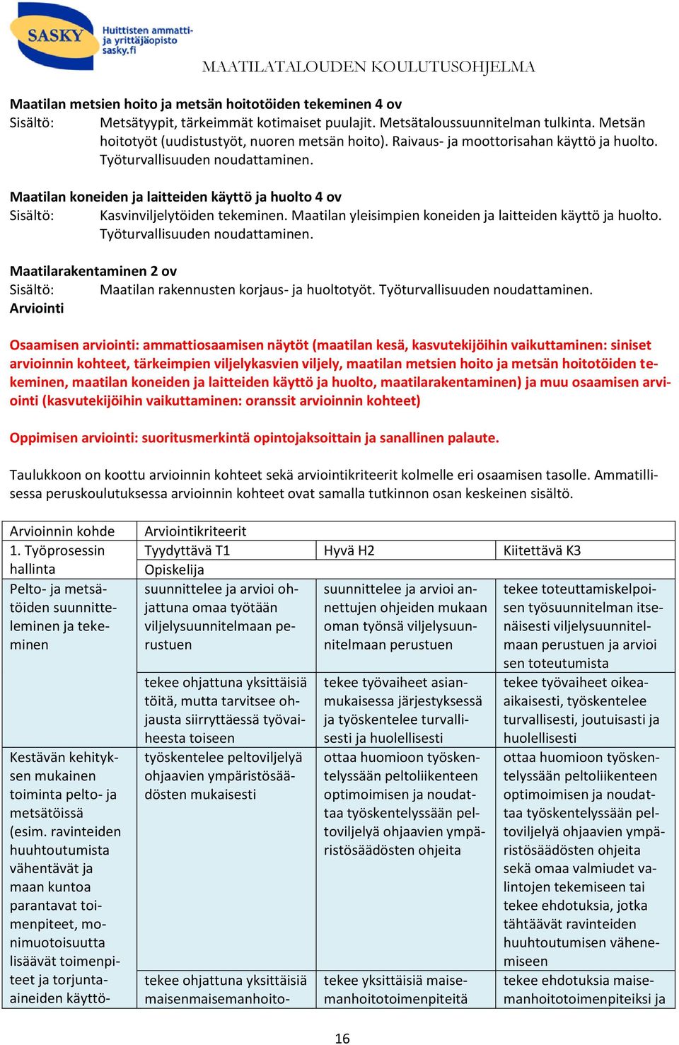 Maatilan koneiden ja laitteiden käyttö ja huolto 4 ov Sisältö: Kasvinviljelytöiden tekeminen. Maatilan yleisimpien koneiden ja laitteiden käyttö ja huolto. Työturvallisuuden noudattaminen.