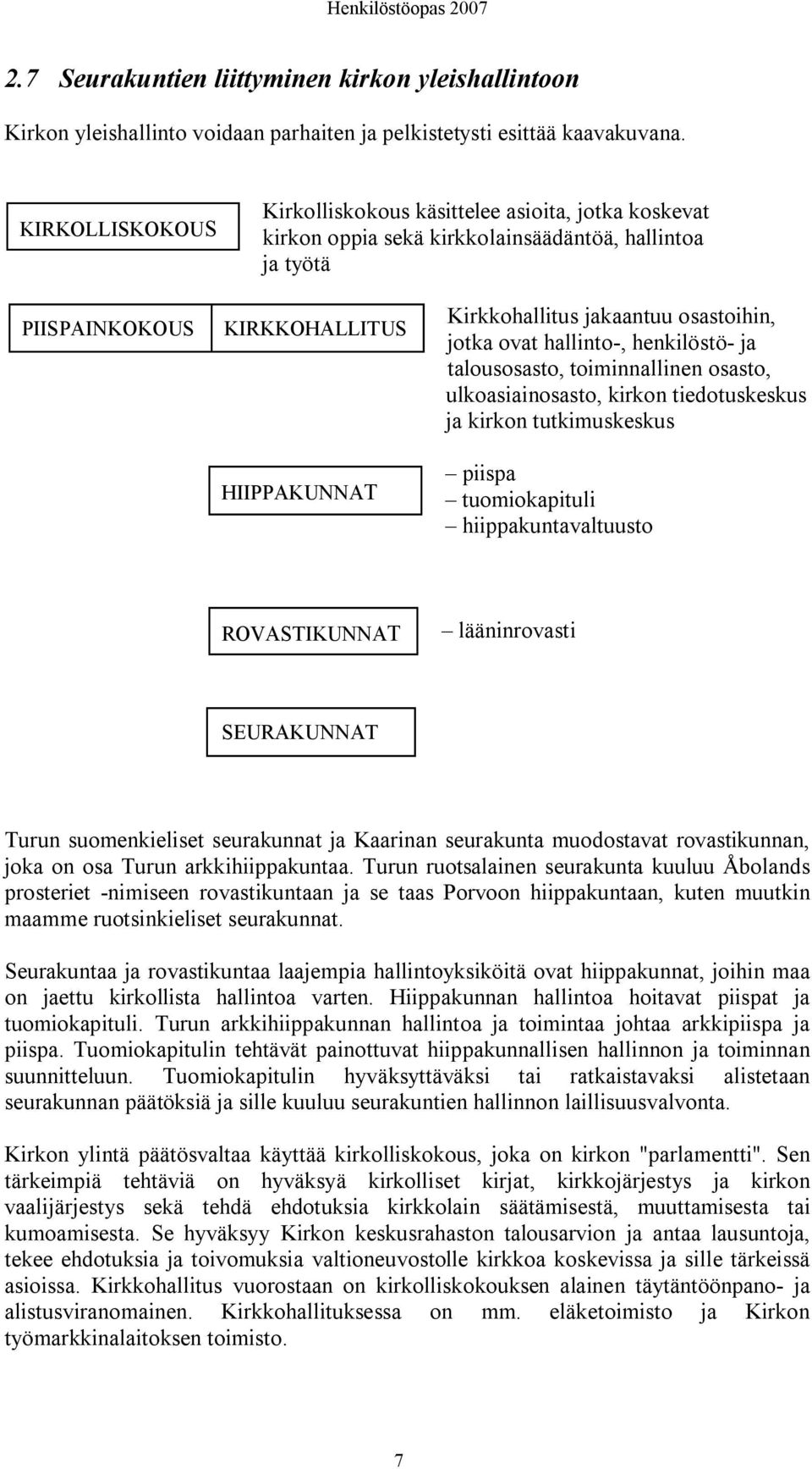 osastoihin, jotka ovat hallinto, henkilöstö ja talousosasto, toiminnallinen osasto, ulkoasiainosasto, kirkon tiedotuskeskus ja kirkon tutkimuskeskus piispa tuomiokapituli hiippakuntavaltuusto