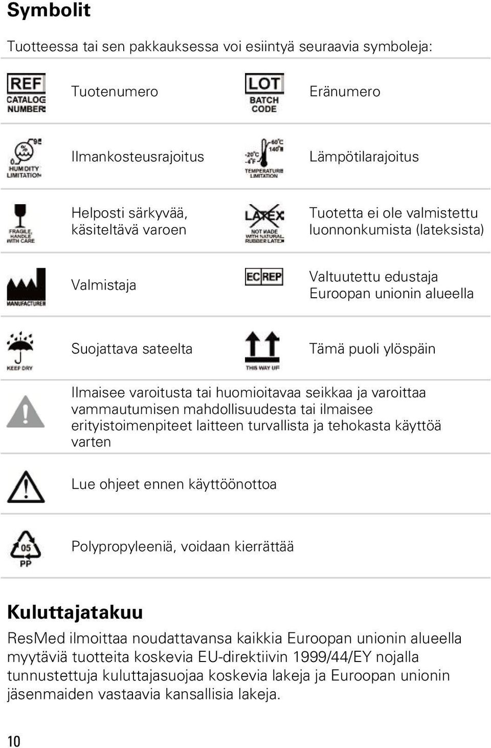 vammautumisen mahdollisuudesta tai ilmaisee erityistoimenpiteet laitteen turvallista ja tehokasta käyttöä varten Lue ohjeet ennen käyttöönottoa Polypropyleeniä, voidaan kierrättää Kuluttajatakuu