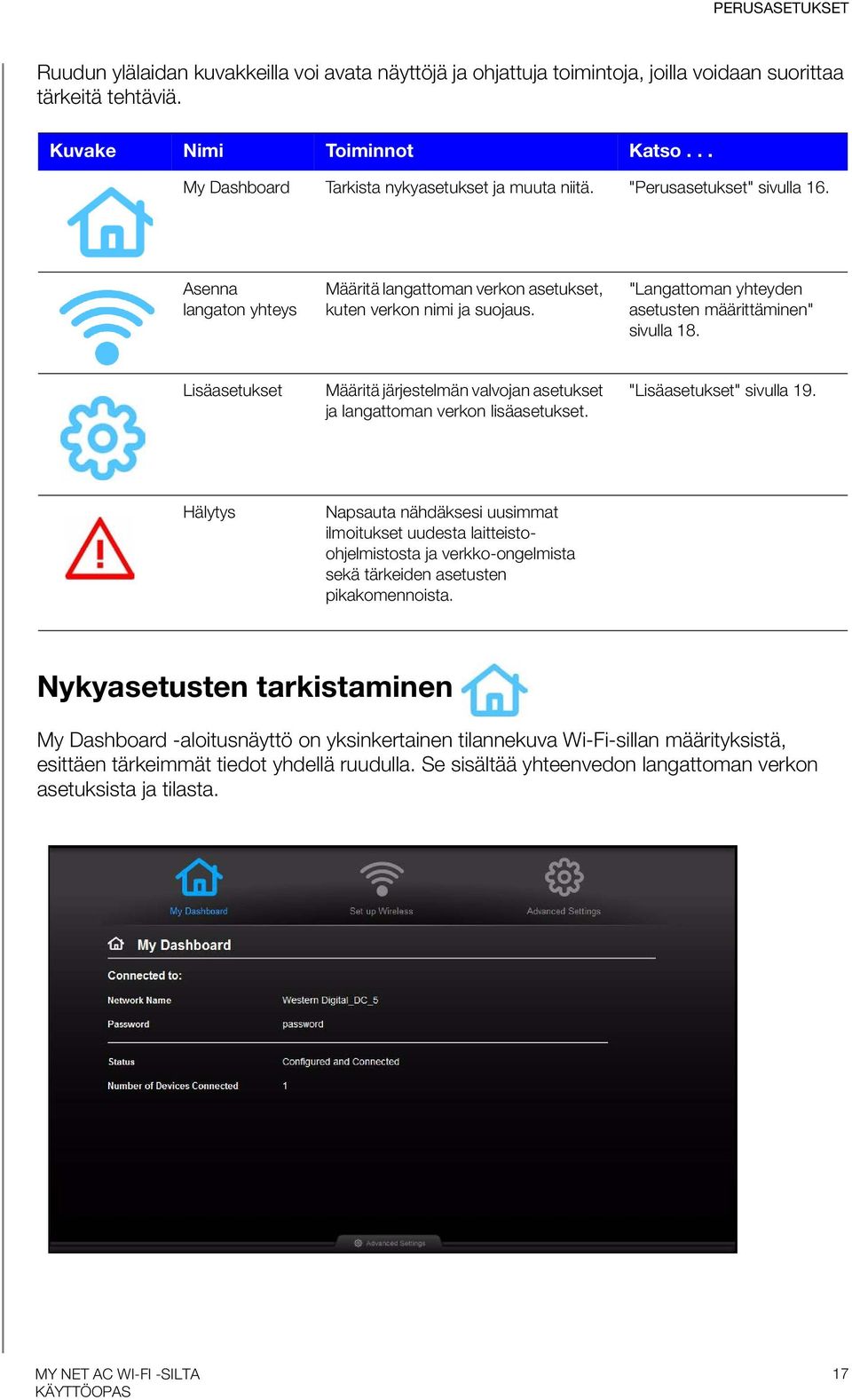 "Langattoman yhteyden asetusten määrittäminen" sivulla 18. Lisäasetukset Määritä järjestelmän valvojan asetukset ja langattoman verkon lisäasetukset. "Lisäasetukset" sivulla 19.