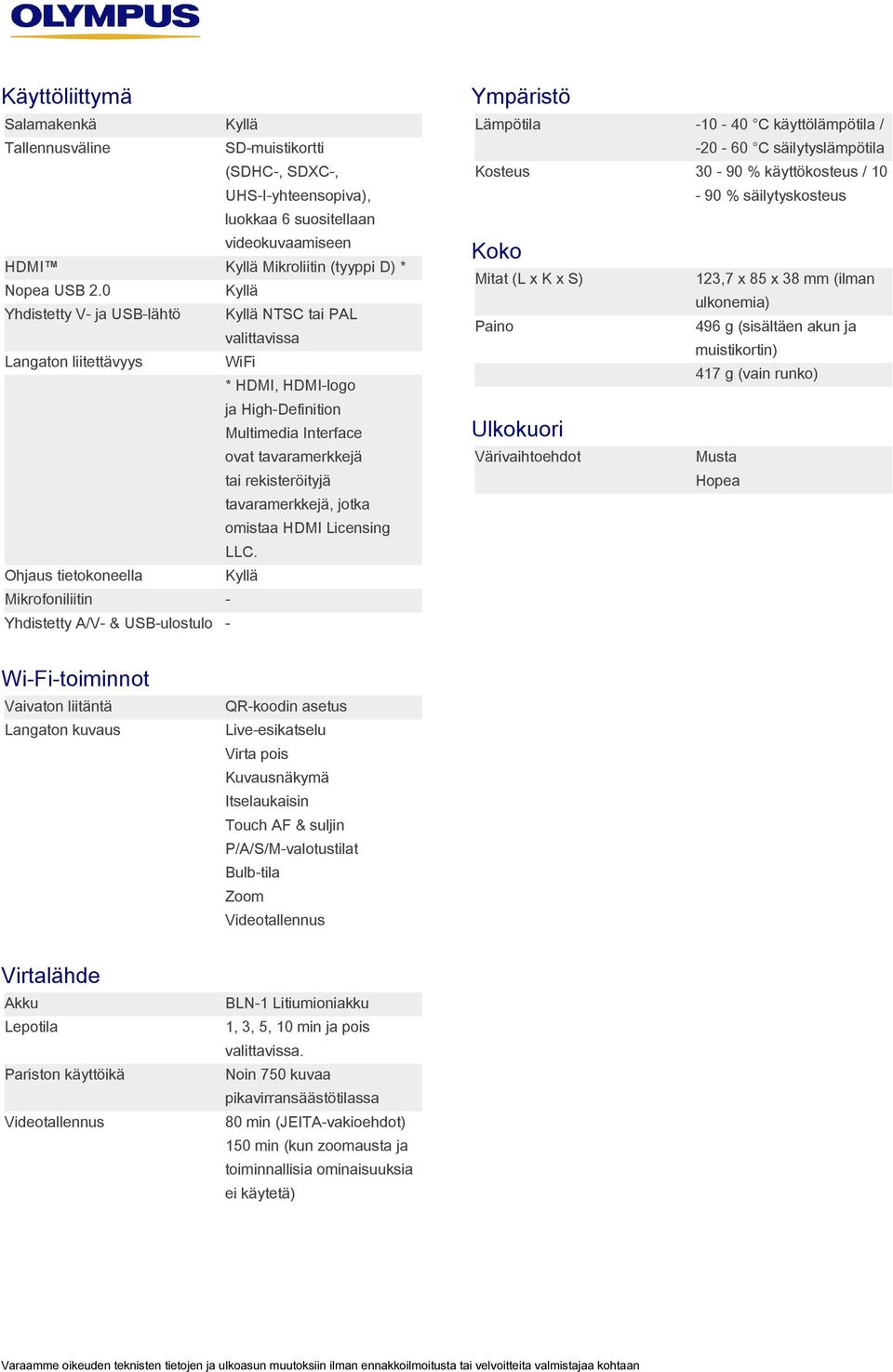 0 Yhdistetty V- ja USB-lähtö NTSC tai PAL valittavissa Langaton liitettävyys Koko Mitat (L x K x S) ulkonemia) Paino 417 g (vain runko) * HDMI, HDMI-logo Multimedia Interface Ulkokuori ovat