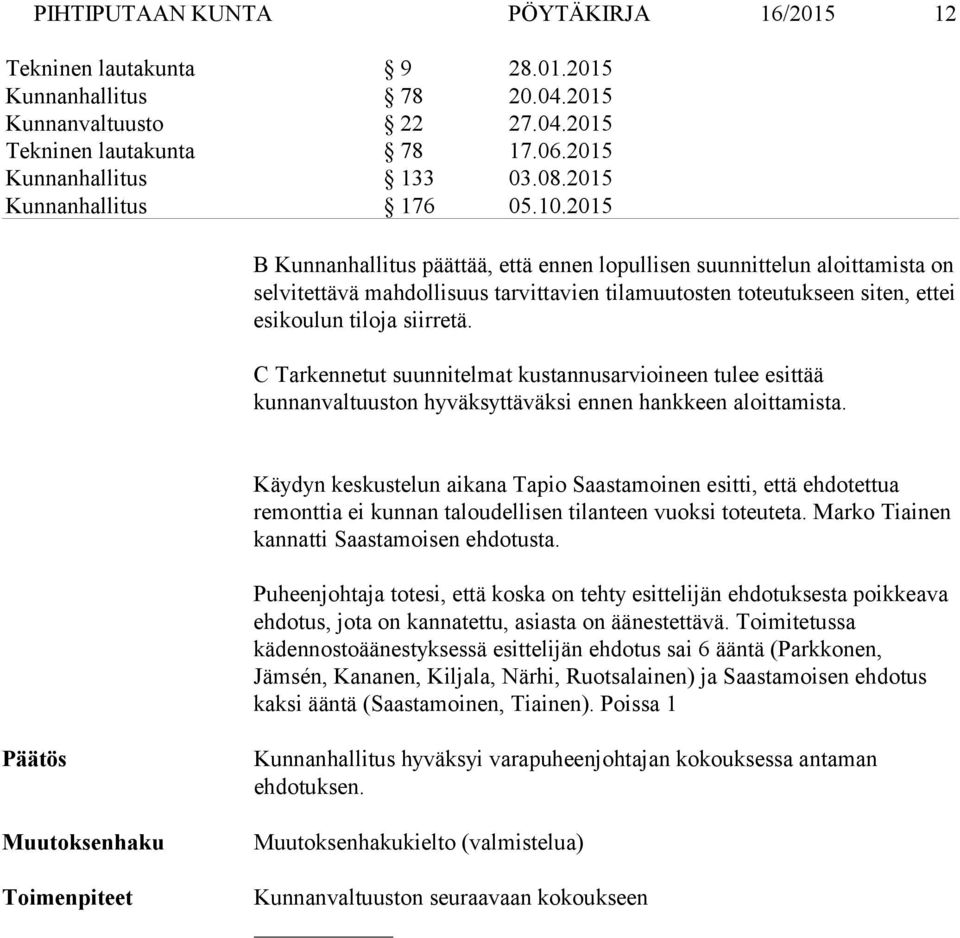 2015 B Kunnanhallitus päättää, että ennen lopullisen suunnittelun aloittamista on selvitettävä mahdollisuus tarvittavien tilamuutosten toteutukseen siten, ettei esikoulun tiloja siirretä.