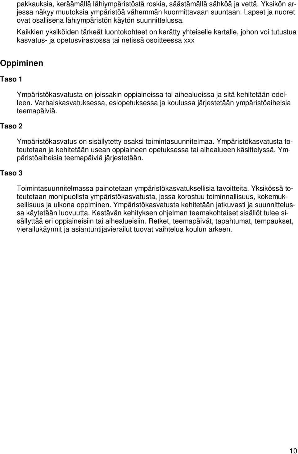 Kaikkien yksiköiden tärkeät luontokohteet on kerätty yhteiselle kartalle, johon voi tutustua kasvatus- ja opetusvirastossa tai netissä osoitteessa xxx Oppiminen Ympäristökasvatusta on joissakin