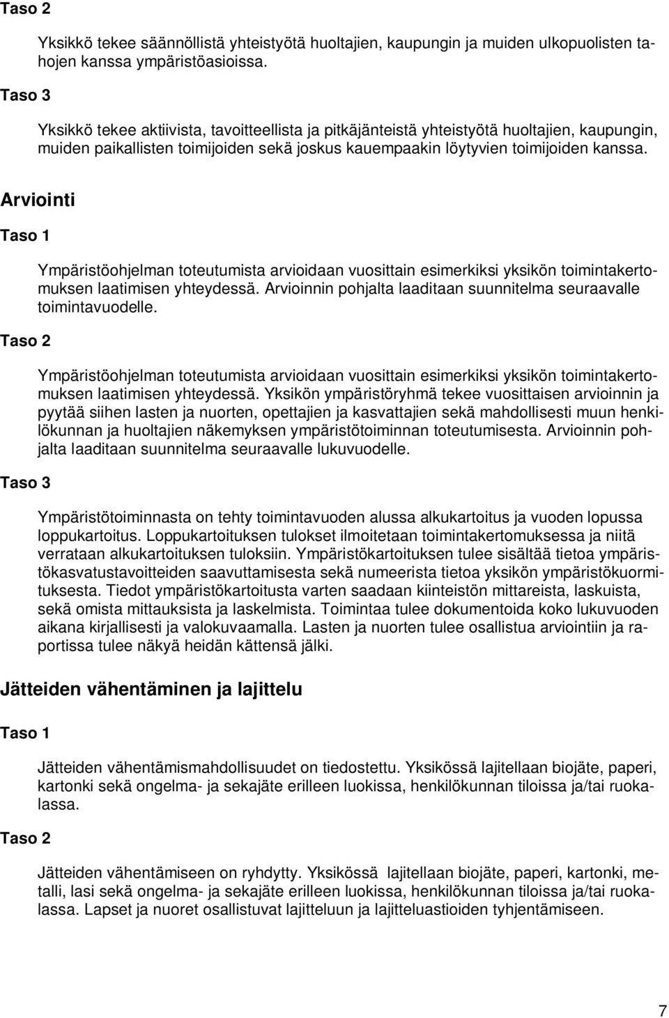 Arviointi Ympäristöohjelman toteutumista arvioidaan vuosittain esimerkiksi yksikön toimintakertomuksen laatimisen yhteydessä. Arvioinnin pohjalta laaditaan suunnitelma seuraavalle toimintavuodelle.