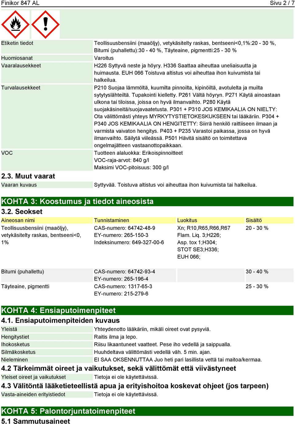 Turvalausekkeet P210 Suojaa lämmöltä, kuumilta pinnoilta, kipinöiltä, avotulelta ja muilta sytytyslähteiltä. Tupakointi kielletty. P261 Vältä höyryn.