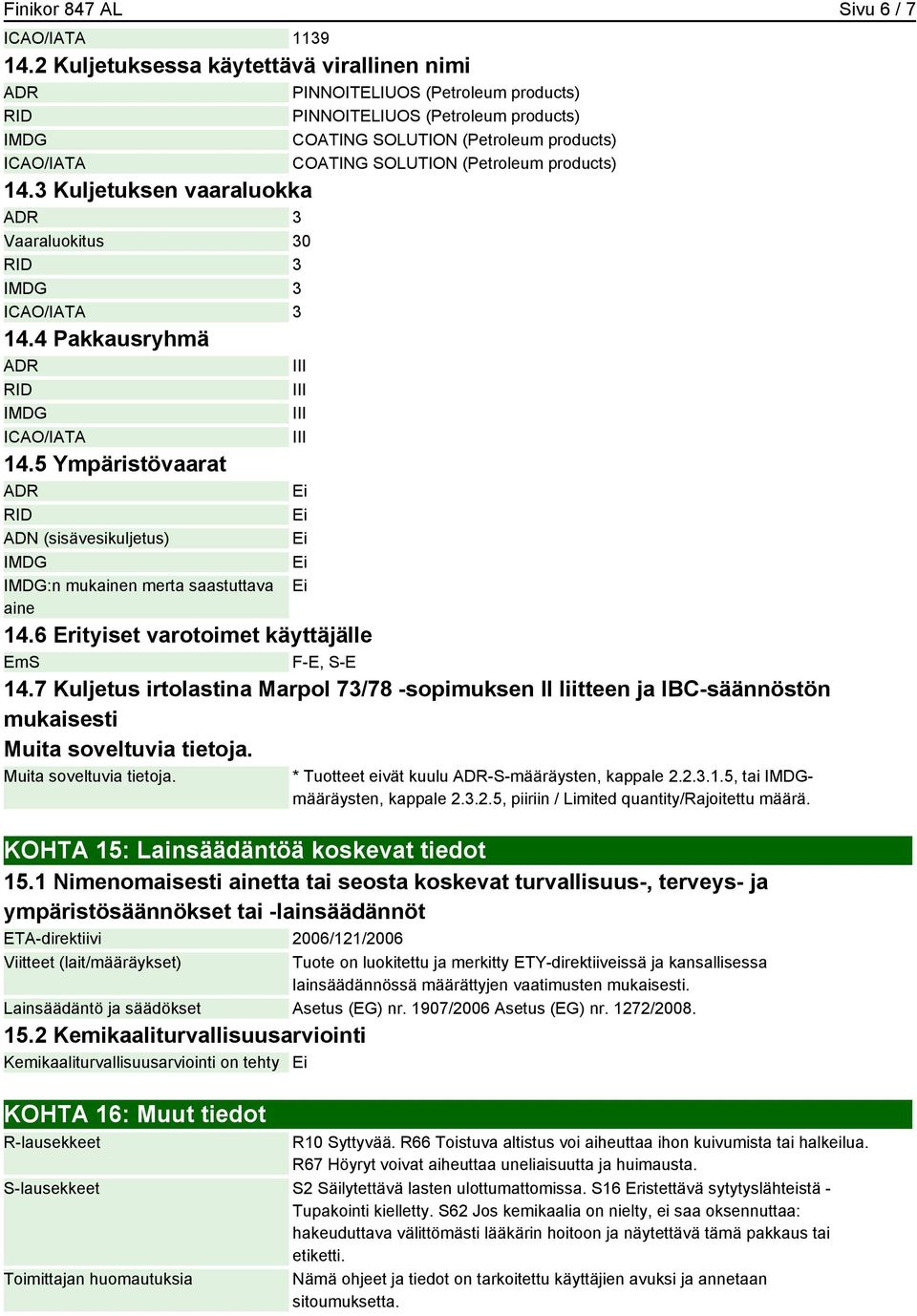 (Petroleum products) 14.3 Kuljetuksen vaaraluokka ADR 3 Vaaraluokitus 30 RID 3 IMDG 3 ICAO/IATA 3 14.4 Pakkausryhmä ADR RID IMDG ICAO/IATA 14.