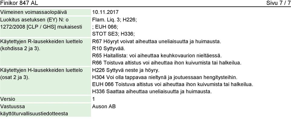 3; H226; ; EUH 066; STOT SE3; H336; R67 Höyryt voivat aiheuttaa uneliaisuutta ja huimausta. R10 Syttyvää. R65 Haitallista: voi aiheuttaa keuhkovaurion nieltäessä.