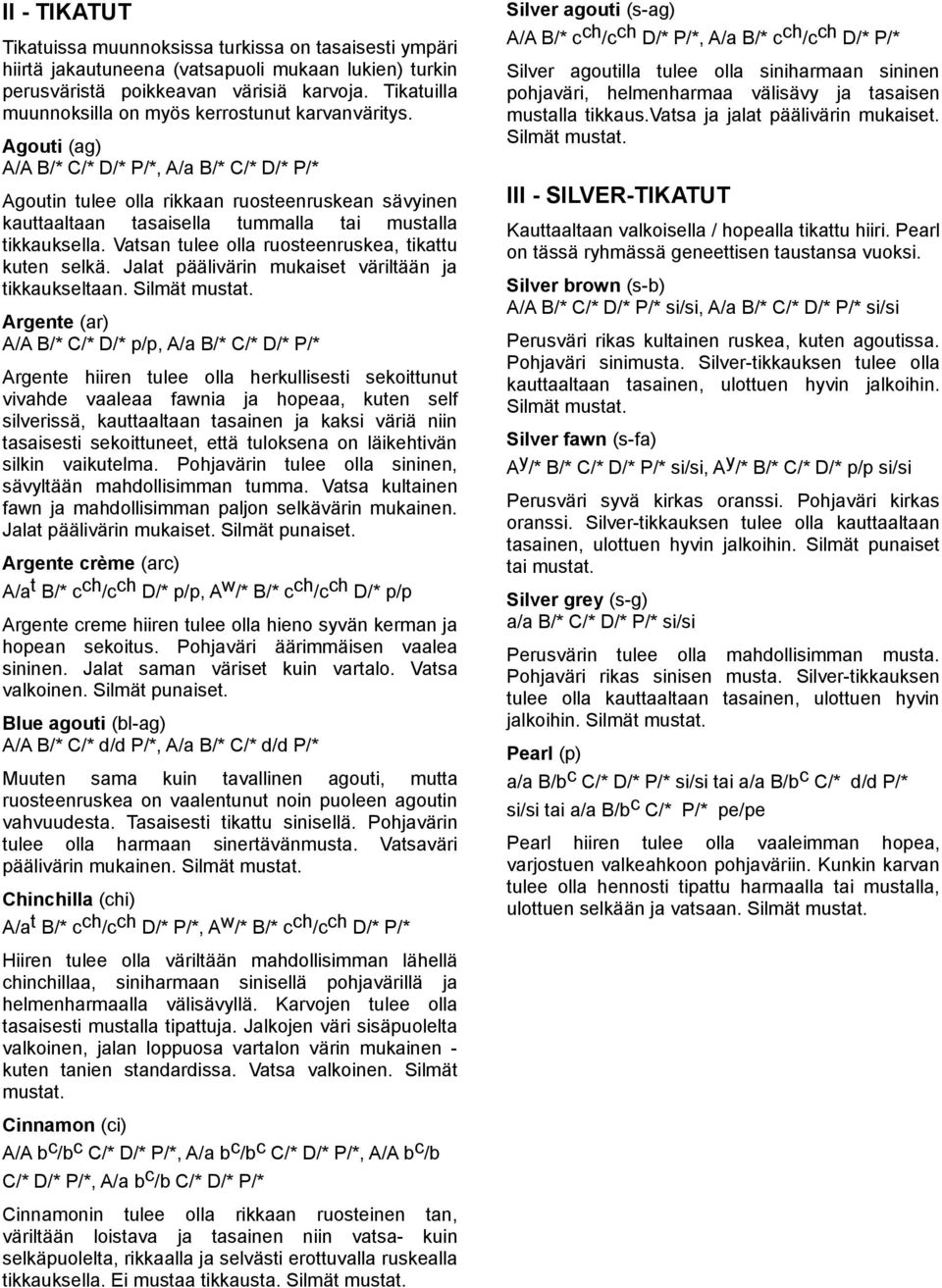 Agouti (ag) A/A B/* C/* D/* P/*, A/a B/* C/* D/* P/* Agoutin tulee olla rikkaan ruosteenruskean sävyinen kauttaaltaan tasaisella tummalla tai mustalla tikkauksella.