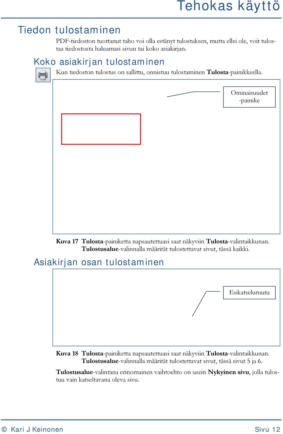 Ominaisuudet -painike Kuva 17 Tulosta-painiketta napsautettuasi saat näkyviin Tulosta-valintaikkunan. Tulostusalue-valinnalla määrität tulostettavat sivut, tässä kaikki.