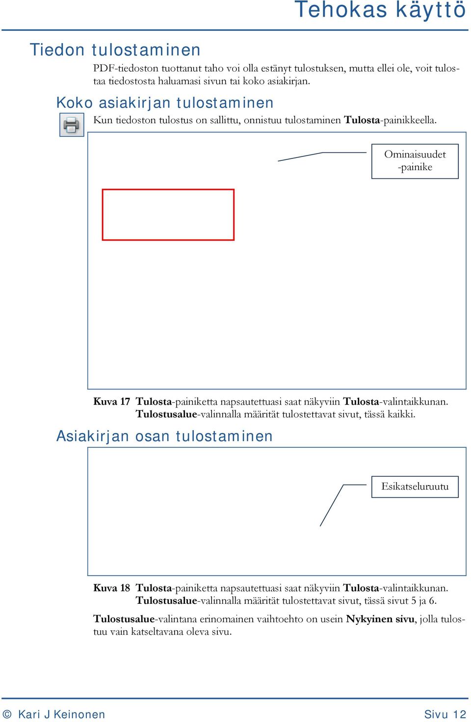 Ominaisuudet -painike Kuva 17 Tulosta-painiketta napsautettuasi saat näkyviin Tulosta-valintaikkunan. Tulostusalue-valinnalla määrität tulostettavat sivut, tässä kaikki.