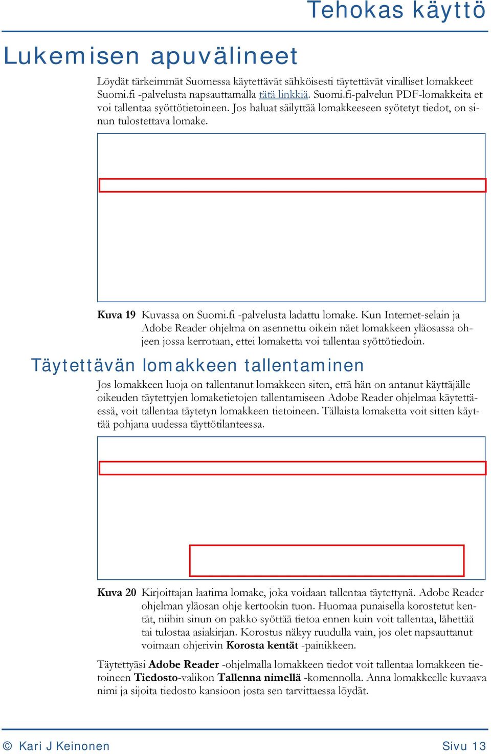 Kun Internet-selain ja Adobe Reader ohjelma on asennettu oikein näet lomakkeen yläosassa ohjeen jossa kerrotaan, ettei lomaketta voi tallentaa syöttötiedoin.