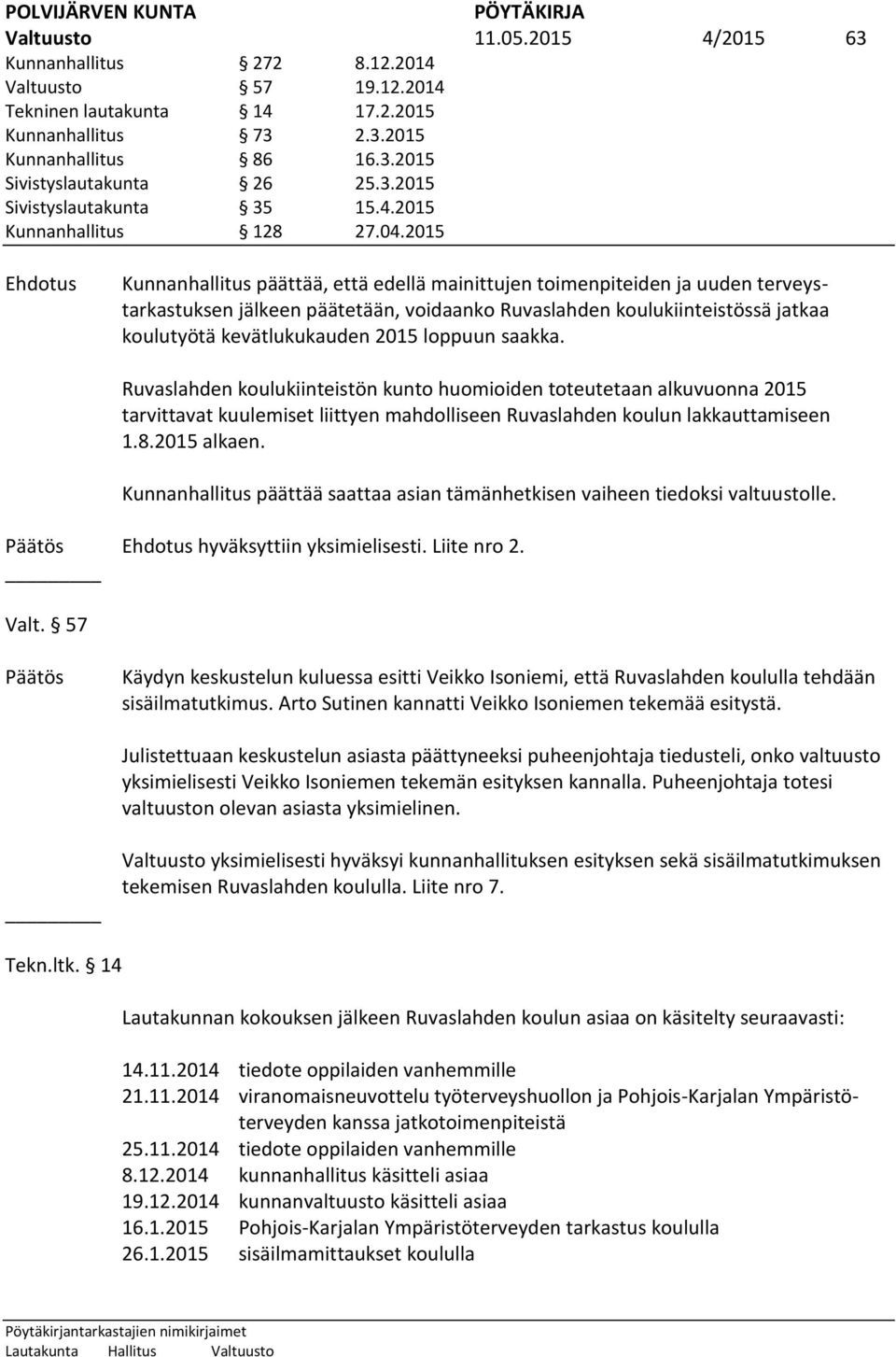 2015 Ehdotus Kunnanhallitus päättää, että edellä mainittujen toimenpiteiden ja uuden terveystarkastuksen jälkeen päätetään, voidaanko Ruvaslahden koulukiinteistössä jatkaa koulutyötä kevätlukukauden