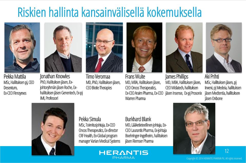 Pharma James Phillips MD, MBA, Hallituksen jäsen, CEO Midatech, hallituksen jäsen Insense, Ex-pj Prosonix Aki Prihti MSc, Hallituksen jäsen, pj Inveni, pj Medeia, hallituksen jäsen Medtentia,