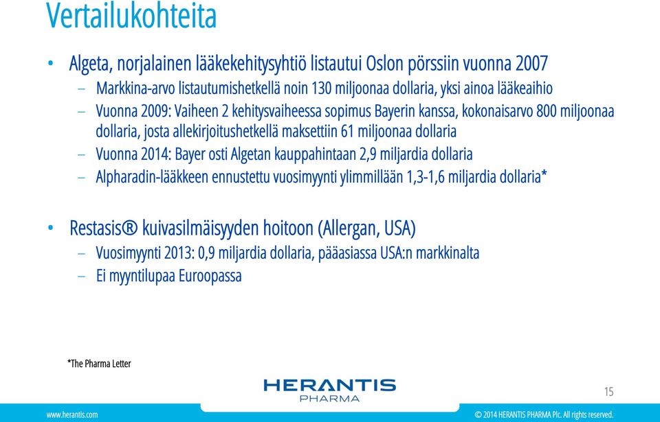 miljoonaa dollaria Vuonna 2014: Bayer osti Algetan kauppahintaan 2,9 miljardia dollaria Alpharadin-lääkkeen ennustettu vuosimyynti ylimmillään 1,3-1,6 miljardia