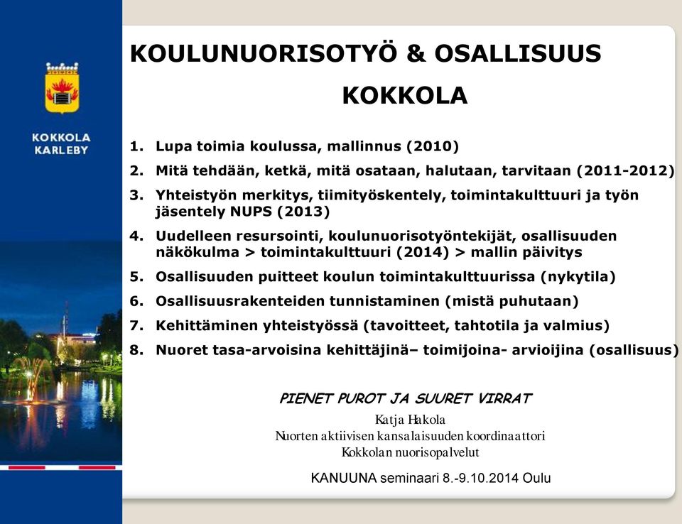 Uudelleen resursointi, koulunuorisotyöntekijät, osallisuuden näkökulma > toimintakulttuuri (2014) > mallin päivitys 5. Osallisuuden puitteet koulun toimintakulttuurissa (nykytila) 6.