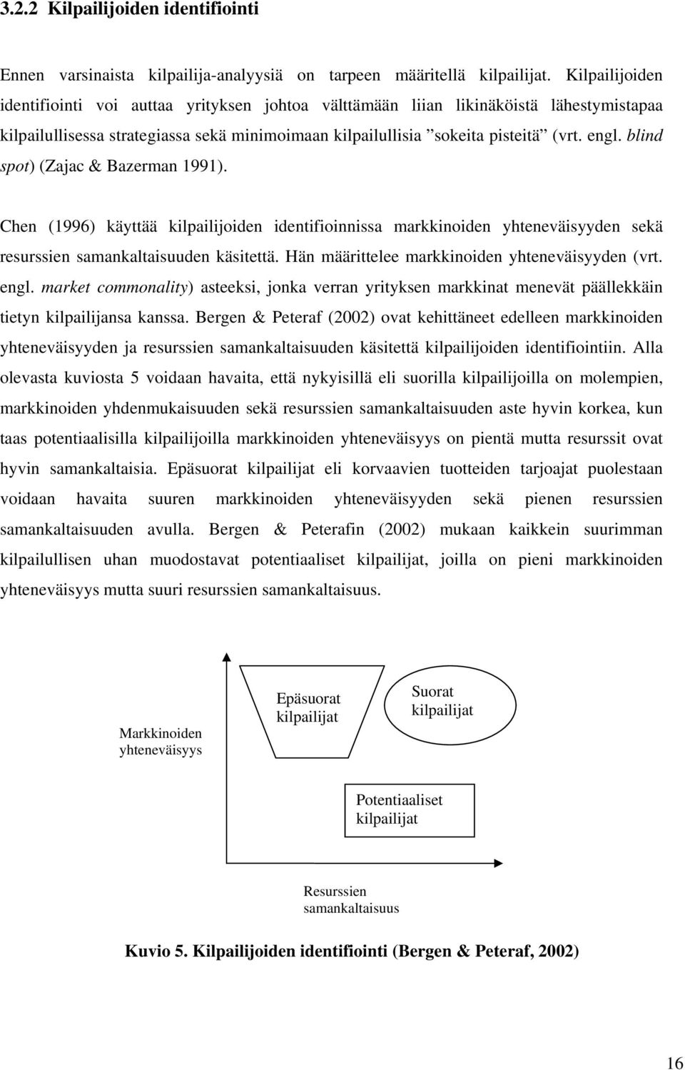 blind spot) (Zajac & Bazerman 1991). Chen (1996) käyttää kilpailijoiden identifioinnissa markkinoiden yhteneväisyyden sekä resurssien samankaltaisuuden käsitettä.