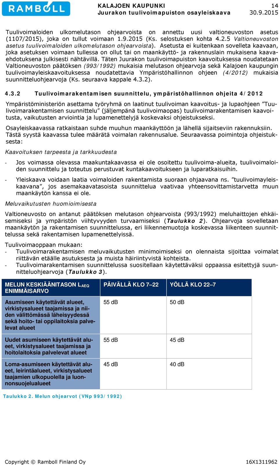 Täten Juurakon tuulivoimapuiston kaavoituksessa noudatetaan Valtioneuvoston päätöksen (993/1992) mukaisia melutason ohjearvoja sekä Kalajoen kaupungin tuulivoimayleiskaavoituksessa noudatettavia