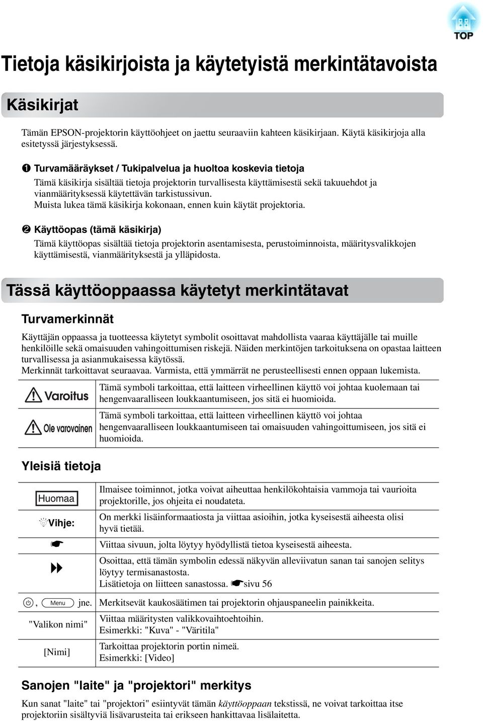 Muista lukea tämä käsikirja kokonaan, ennen kuin käytät projektoria.