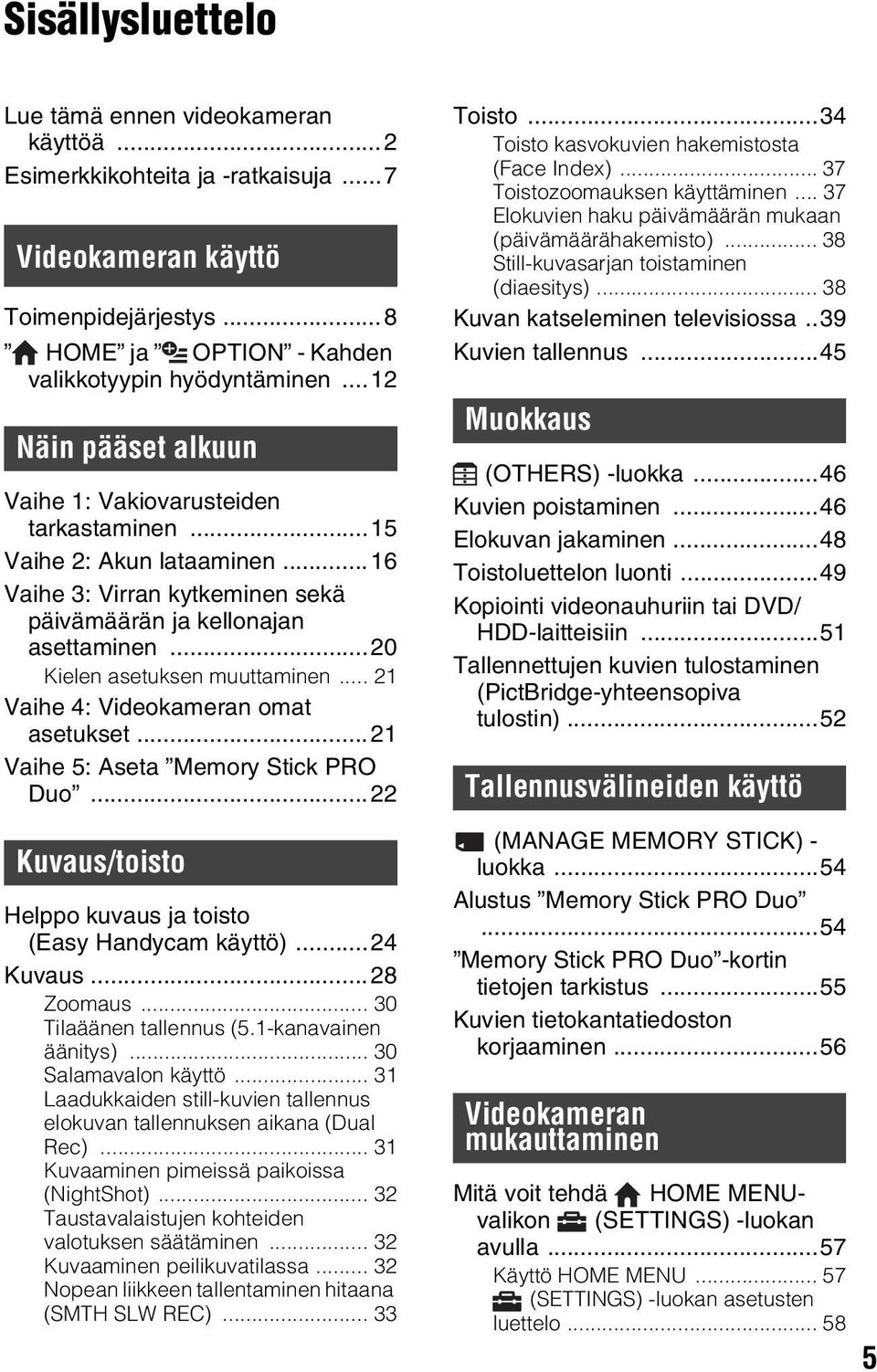 ..20 Kielen asetuksen muuttaminen... 21 Vaihe 4: Videokameran omat asetukset...21 Vaihe 5: Aseta Memory Stick PRO Duo...22 Kuvaus/toisto Helppo kuvaus ja toisto (Easy Handycam käyttö)...24 Kuvaus.