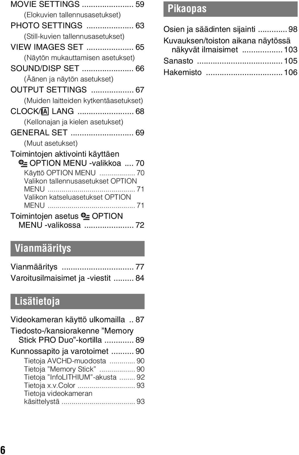 .. 69 (Muut asetukset) Toimintojen aktivointi käyttäen OPTION MENU -valikkoa... 70 Käyttö OPTION MENU... 70 Valikon tallennusasetukset OPTION MENU... 71 Valikon katseluasetukset OPTION MENU.