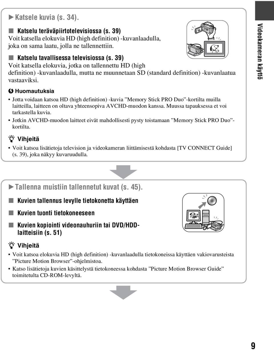 Jotta voidaan katsoa HD (high definition) -kuvia Memory Stick PRO Duo -kortilta muilla laitteilla, laitteen on oltava yhteensopiva AVCHD-muodon kanssa. Muussa tapauksessa et voi tarkastella kuvia.