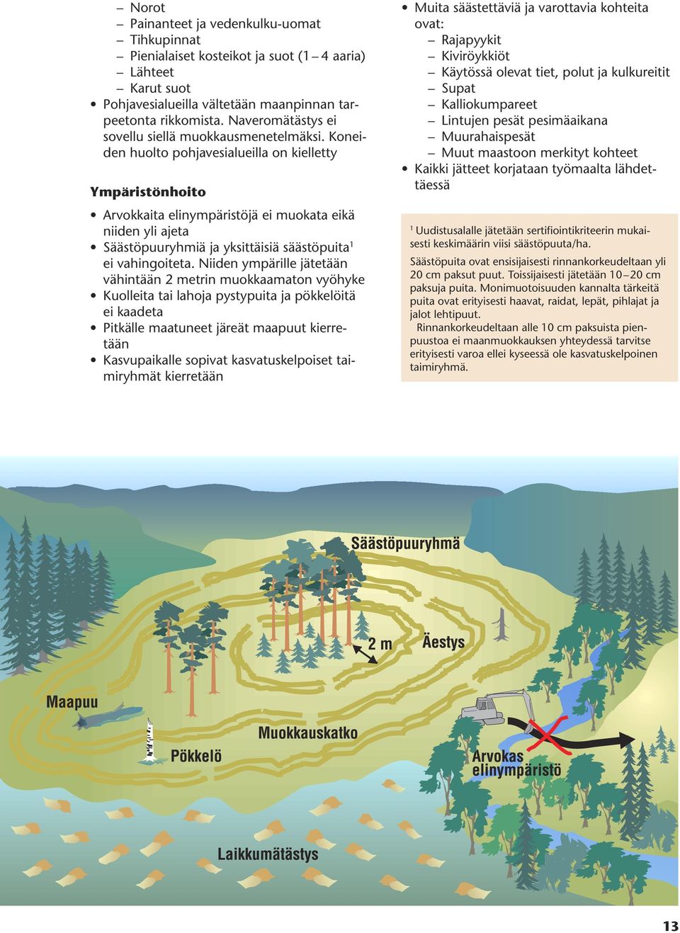Koneiden huolto pohjavesialueilla on kielletty Ympäristönhoito Arvokkaita elinympäristöjä ei muokata eikä niiden yli ajeta Säästöpuuryhmiä ja yksittäisiä säästöpuita 1 ei vahingoiteta.