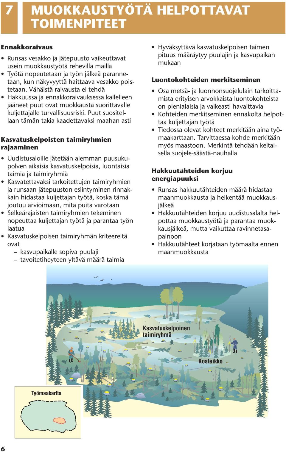 Puut suositellaan tämän takia kaadettavaksi maahan asti Kasvatuskelpoisten taimiryhmien rajaaminen Uudistusaloille jätetään aiemman puusukupolven aikaisia kasvatuskelpoisia, luontaisia taimia ja