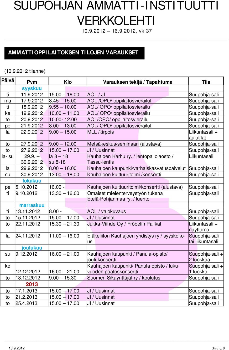 00 AOL/OPO/ oppilaitosvierailu Suupohja-sali pe 21.9.2012 8.00 13.00 AOL/ OPO/ oppilaitosvierailut Suupohja-sali la 22.9.2012 9.00 15.00 MLL /kirppis Liikuntasali + aulatilat to 27.9.2012 9.00 12.