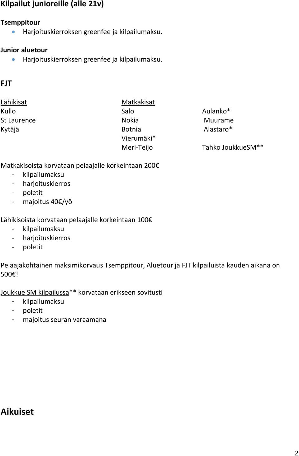 FJT Kullo Salo Aulanko* St Laurence Nokia Muurame Kytäjä Botnia Alastaro* Vierumäki* Meri-Teijo Tahko JoukkueSM**