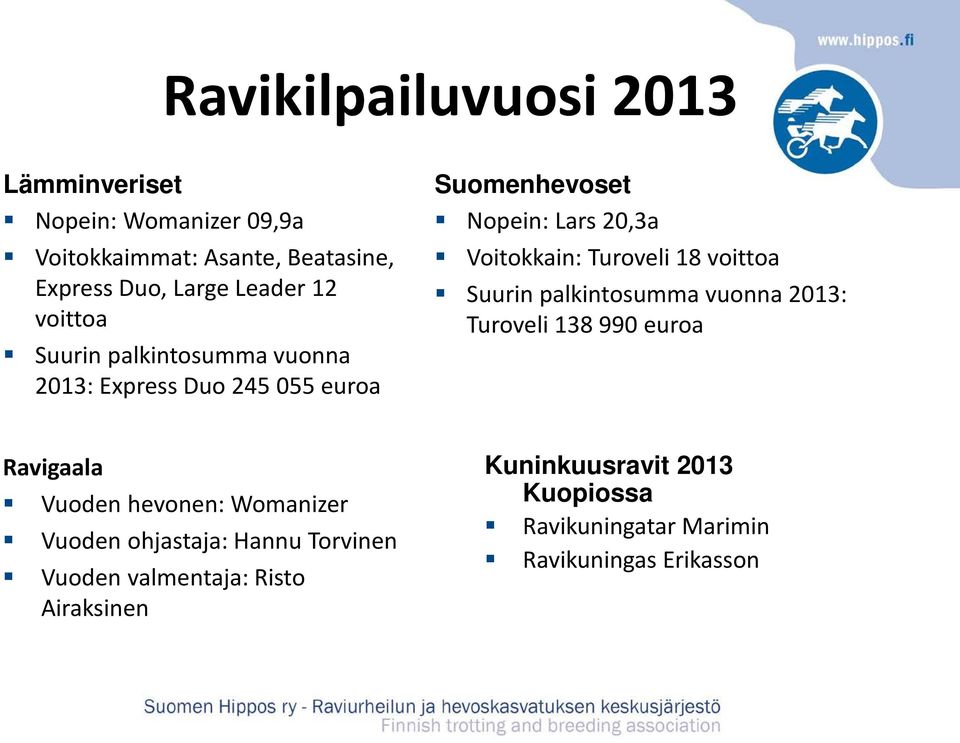 18 voittoa Suurin palkintosumma vuonna 2013: Turoveli 138 990 euroa Ravigaala Vuoden hevonen: Womanizer Vuoden ohjastaja: