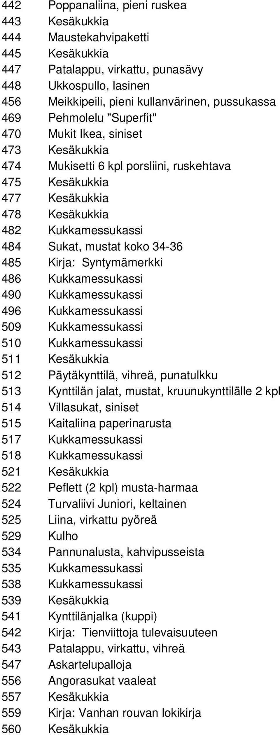 Kirja: Syntymämerkki 486 Kukkamessukassi 490 Kukkamessukassi 496 Kukkamessukassi 509 Kukkamessukassi 510 Kukkamessukassi 511 Kesäkukkia 512 Päytäkynttilä, vihreä, punatulkku 513 Kynttilän jalat,