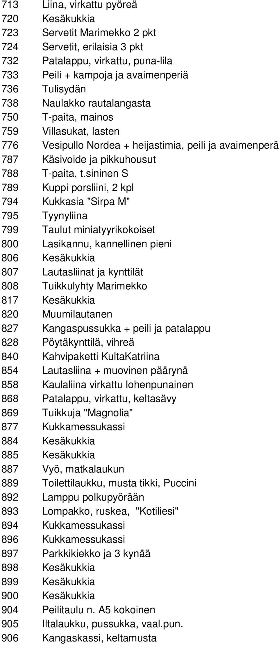 sininen S 789 Kuppi porsliini, 2 kpl 794 Kukkasia "Sirpa M" 795 Tyynyliina 799 Taulut miniatyyrikokoiset 800 Lasikannu, kannellinen pieni 806 Kesäkukkia 807 Lautasliinat ja kynttilät 808 Tuikkulyhty