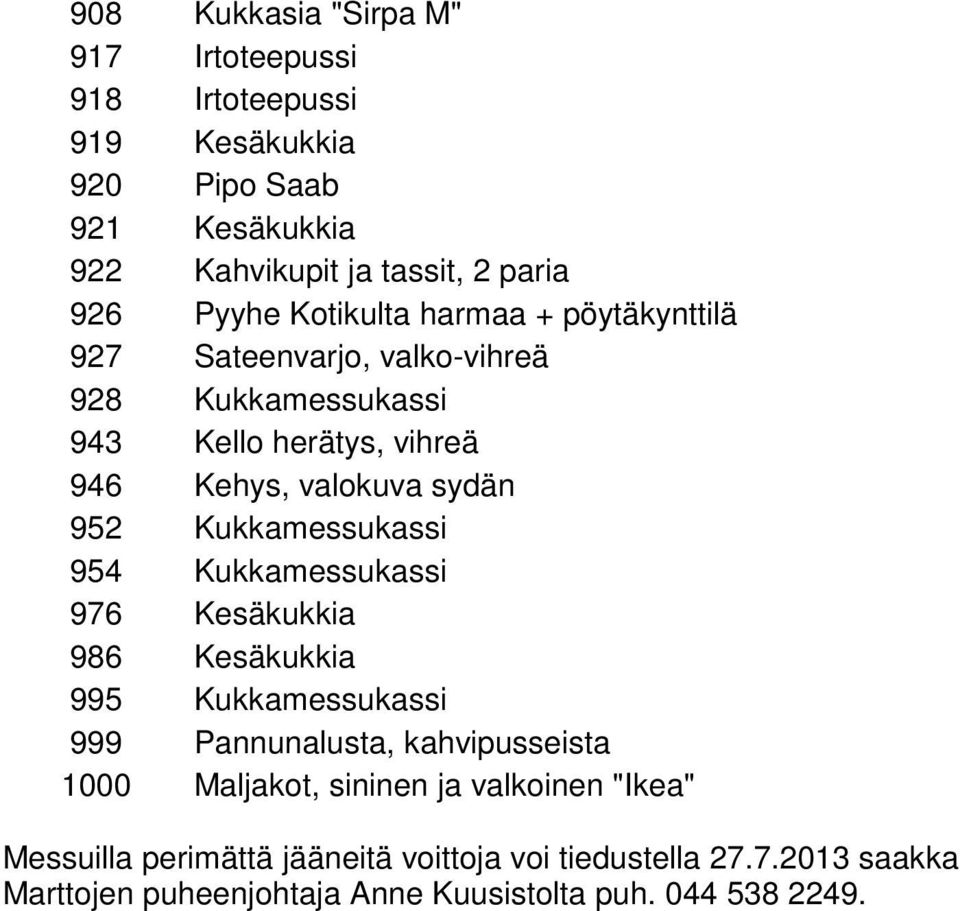 952 Kukkamessukassi 954 Kukkamessukassi 976 Kesäkukkia 986 Kesäkukkia 995 Kukkamessukassi 999 Pannunalusta, kahvipusseista 1000 Maljakot,