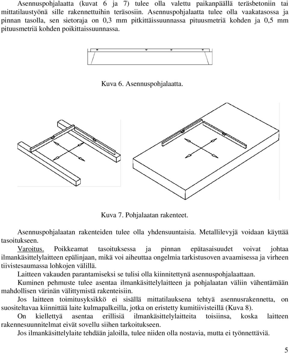 Asennuspohjalaatta. Kuva 7. Pohjalaatan rakenteet. Asennuspohjalaatan rakenteiden tulee olla yhdensuuntaisia. Metallilevyjä voidaan käyttää tasoitukseen. Varoitus.