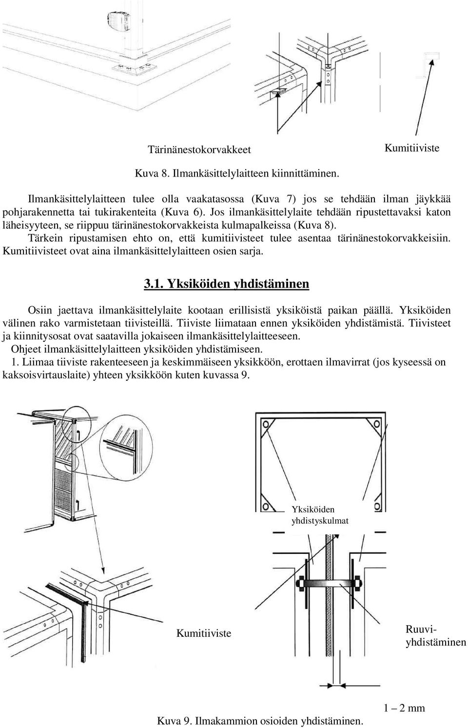 Jos ilmankäsittelylaite tehdään ripustettavaksi katon läheisyyteen, se riippuu tärinänestokorvakkeista kulmapalkeissa (Kuva 8).
