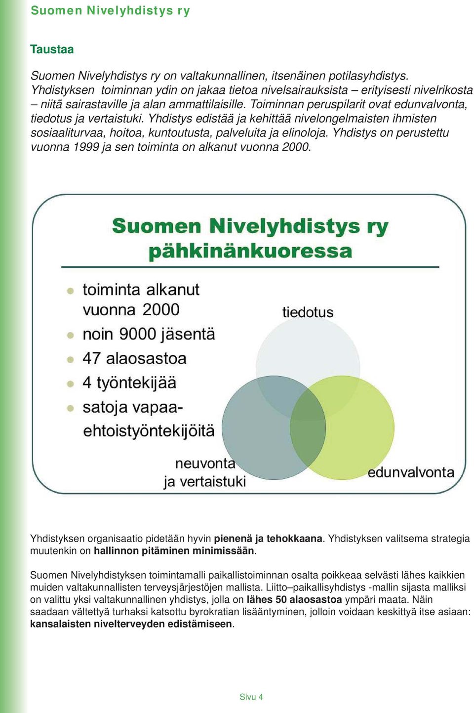 Yhdistys edistää ja kehittää nivelongelmaisten ihmisten sosiaaliturvaa, hoitoa, kuntoutusta, palveluita ja elinoloja. Yhdistys on perustettu vuonna 1999 ja sen toiminta on alkanut vuonna 2000.